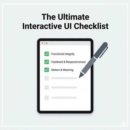 The Ultimate Interactive UI Checklist A digital checklist on a tablet screen with a pen icon marking off items, representing the "Ultimate Interactive UI Checklist.