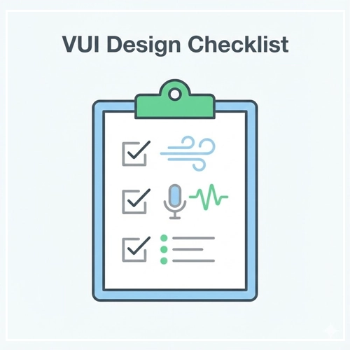 The Ultimate VUI Design Checklist An illustration of a VUI design checklist on a clipboard, showing checked items for breathability, consistent voice, and short lists.