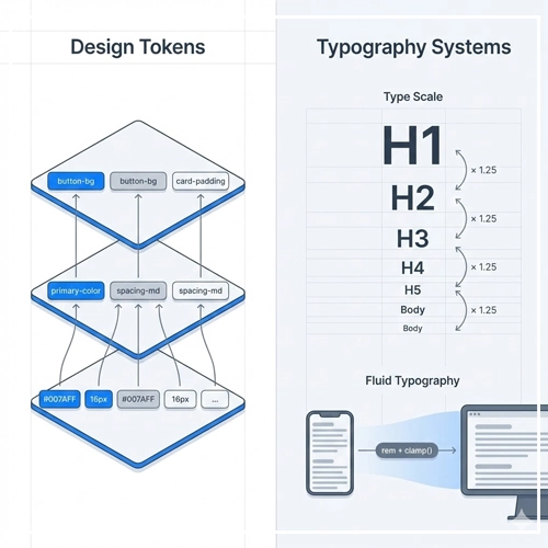 The Visual Foundation Design Tokens & Typography A diagram illustrating the hierarchy of Design Tokens from raw values to component tokens, alongside a visualization of a Typography System with a modular type scale and fluid typography adapting between devices.