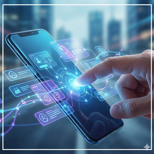 A high-impact image of a hand touching a smartphone screen, which displays a futuristic, glowing user interface with various connected icons and data points, symbolizing the mobile-first era. Touchscreen interface Design for mobile first