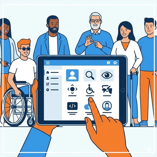 An illustration of a hand interacting with an accessible tablet UI, with a diverse group of people, including those with disabilities, in the background.
