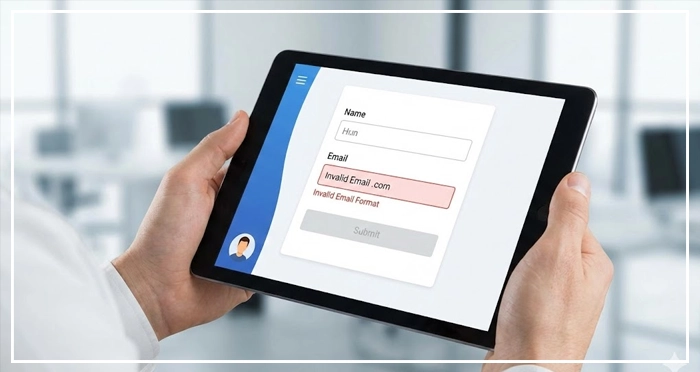 User Testing Simulation A user on a tablet testing a realistic prototype form that triggers a specific error message based on invalid input.