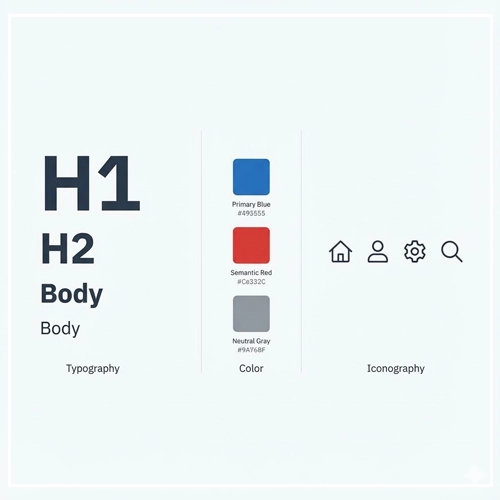 Visual Design Guidelines A visual design system overview showing a typography scale (H1, H2, Body), a color palette with hex codes, and a set of uniform icons.
