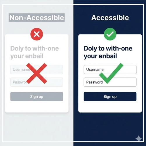 Visual Design Guidelines A split-screen illustration comparing a non-accessible UI with poor color contrast and a red 'X', versus an accessible UI with high contrast, clear fonts, and a green checkmark.