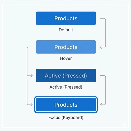 Visual Design & Micro-Interactions Menu-driven interface : A diagram illustrating the four visual states of a menu button: Default, Hover, Active (Pressed), and Focus (Keyboard).