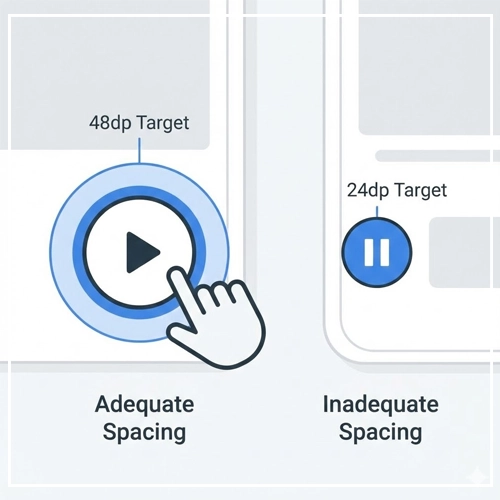 Visual Design for Touch touchscreen interface - A comparison of touch targets. The left side shows an "Adequate Spacing" example with a large, 48dp button and ample padding. The right side shows "Inadequate Spacing" with a small, 24dp button and no padding, demonstrating the importance of target size and spacing