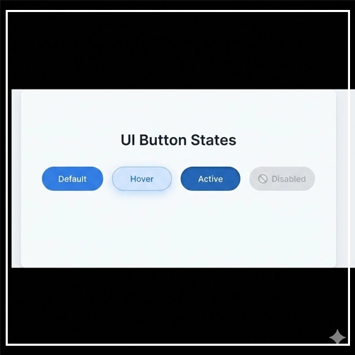 Visual Dynamics & Motion A visual showing four UI buttons side-by-side, demonstrating the Default, Hover, Active, and Disabled states.