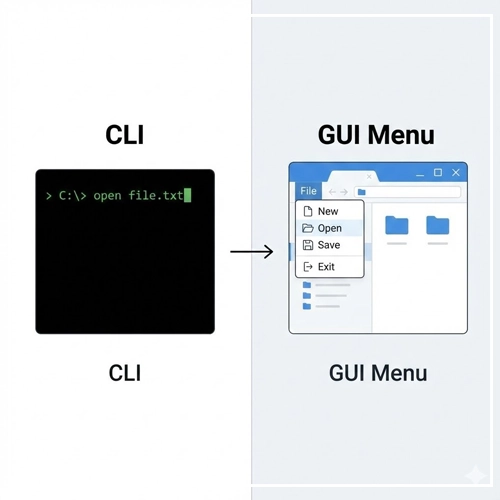 What is a Menu-Driven Interface An abstract illustration of a desktop, smartphone, and tablet, each displaying a different menu-driven navigation interface, connected by lines to show the flow of user navigation.