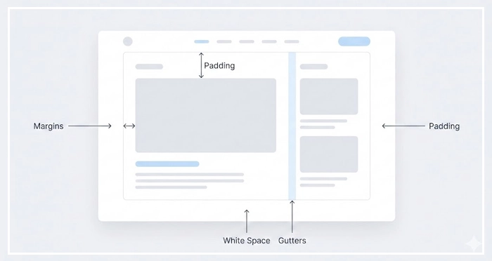 White Space elements, margins, padding, and gutters A minimalist UI diagram showing White Space elements: margins, padding, and gutters around a central content block.