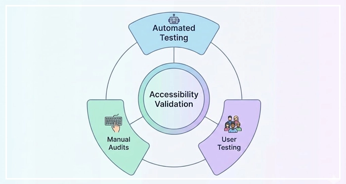 automated testing, manual audits, and user testing Circular diagram showing the three essential methods for accessibility validation: automated testing, manual audits, and user testing.