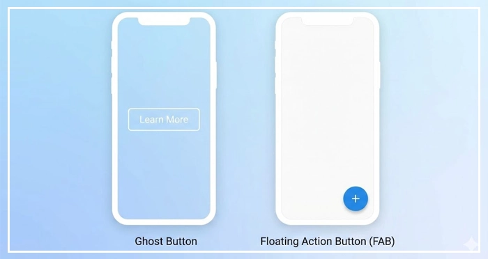 buttons & CTAs and Floating Action Buttons Comparison of Ghost buttons & CTAs and Floating Action Buttons (FAB) in a mobile UI context.