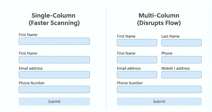 clean single-column form layout versus a cluttered multi-column layout A side-by-side comparison of a clean single-column form layout versus a cluttered multi-column layout, illustrating best practices for designing user-friendly web forms.