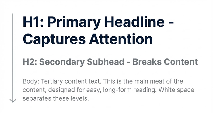 clear typographic hierarchy with primary, secondary, and tertiary text levels Diagram showcasing a clear typographic hierarchy with primary, secondary, and tertiary text levels in a UI layout