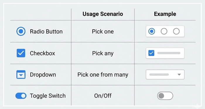 common form input controls like radio buttons and checkboxes A visual matrix guide comparing common form input controls like radio buttons and checkboxes, helping designers select the right elements for their web forms.