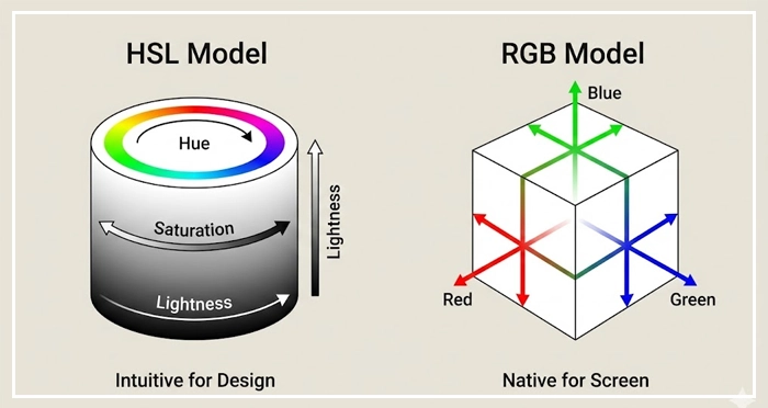 comparing the HSL and RGB models A technical diagram comparing the HSL and RGB models, highlighting HSL as a more intuitive model for applying color theory in UI design.