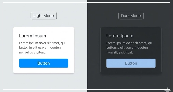 comparison of a light mode and dark mode UI component A side-by-side comparison of a light mode and dark mode UI component, illustrating how to adapt color theory principles for different interface themes.