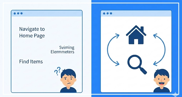 confusing text-based interface versus a clear interface A comparison of a confusing text-based interface versus a clear interface using universal iconography like a house and magnifying glass.