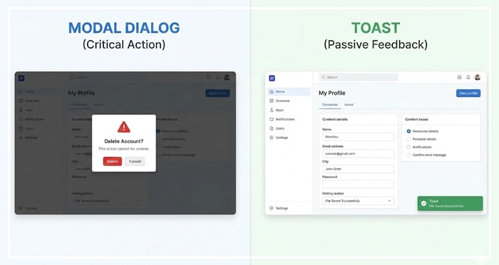 critical action modal dialog for Delete Account versus a passive toast notification for File Saved A side-by-side comparison of a critical action modal dialog for 'Delete Account' versus a passive toast notification for 'File Saved', showing correct usage in the modals vs popups debate.