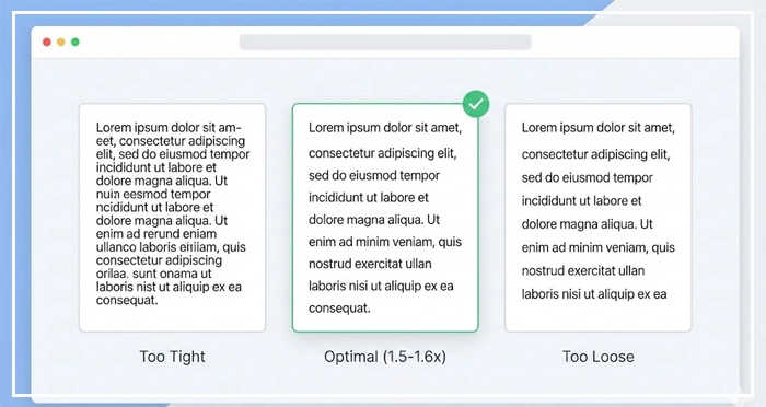 demonstrating correct typography leading with optimal line height Minimalist illustration demonstrating correct typography leading with optimal line height for UI readability.