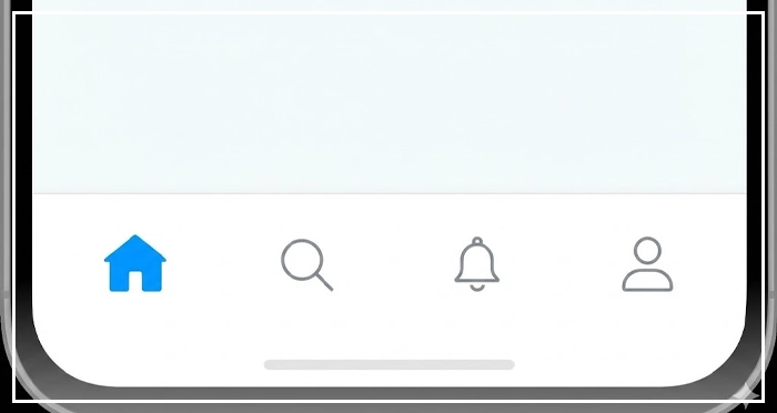 demonstrating visual hierarchy in iconography A mobile navigation bar showing a filled icon for the active 'Home' state and outlined icons for the inactive states, demonstrating visual hierarchy in iconography.