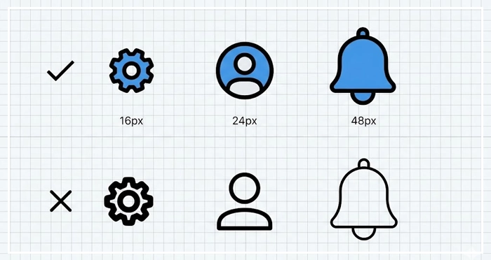 emphasizing consistency across different sizes A visual comparison showing correct and incorrect stroke weight scaling in iconography, emphasizing consistency across different sizes.