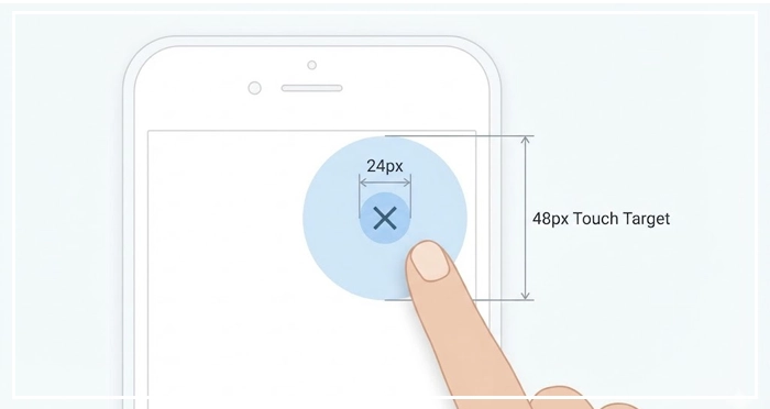 emphasizing usability standards in mobile iconography A mobile interface illustration showing a small visual icon with a larger 48px touch target area, emphasizing usability standards in mobile iconography.