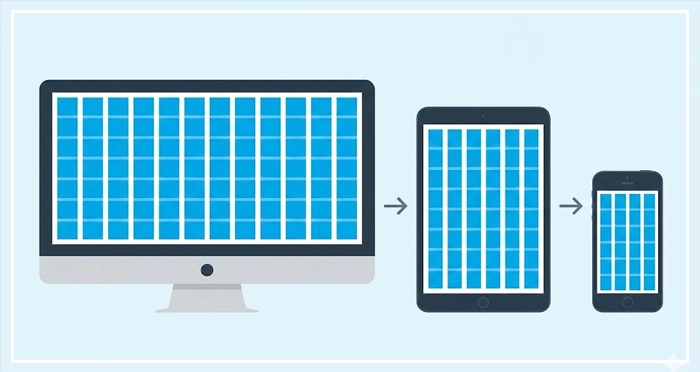 grid system adapting layout across desktop, tablet, and mobile device screens Responsive grid system adapting layout across desktop, tablet, and mobile device screens.