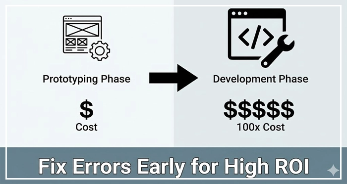high ROI of fixing errors during the prototyping phase An infographic highlighting the high ROI of fixing errors during the prototyping phase compared to the much higher cost after development.