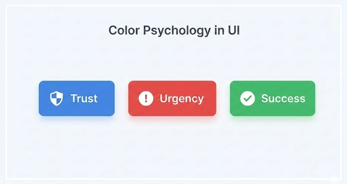 illustrating how color psychology influences user emotion A minimalist UI example showing blue, red, and green buttons, illustrating how color psychology influences user emotion, a key aspect of color theory.