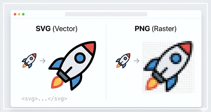 illustrating the benefits of vector iconography A side-by-side comparison of a crisp, scalable SVG icon versus a pixelated PNG icon, illustrating the benefits of vector iconography.