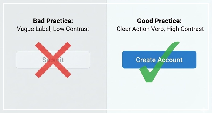 illustrating the importance of clear typography and high-contrast colors. Best practices for Buttons & CTAs, illustrating the importance of clear typography and high-contrast colors.