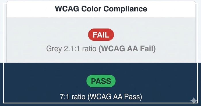 interface showing pass and fail results for WCAG compliance A contrast ratio checker interface showing pass and fail results for WCAG compliance, a critical accessibility standard in color theory.