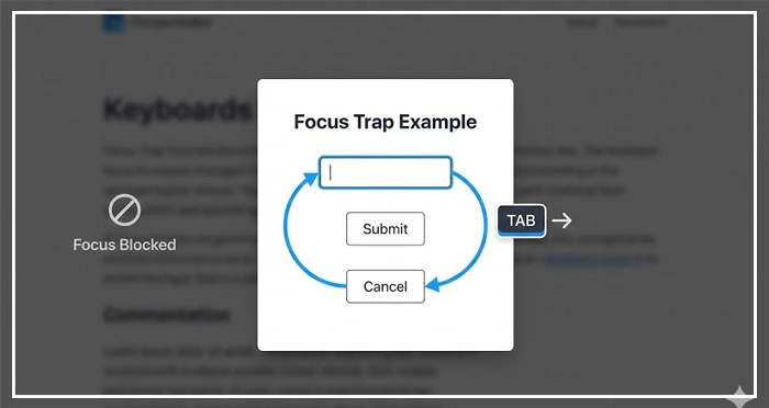keyboard focus looping through interactive elements inside a modal dialog box A diagram showing keyboard focus looping through interactive elements inside a modal dialog box, a critical aspect of accessibility when designing modals vs popups.