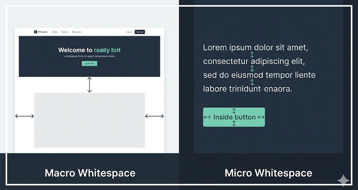 macro White Space for layout structure and micro White Space A visual comparison highlighting the difference between macro White Space for layout structure and micro White Space for text legibility.