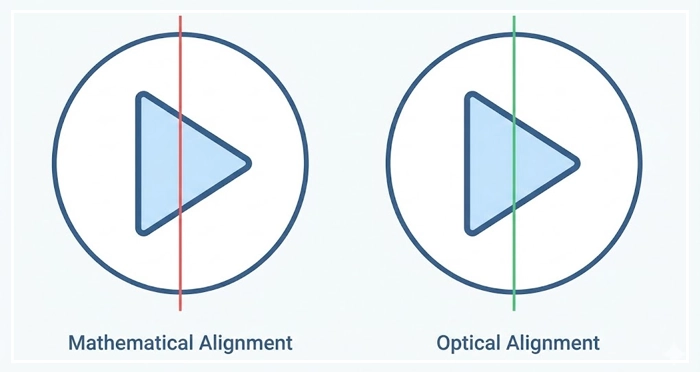 mathematical centering and optical alignment in iconography An illustration demonstrating the difference between mathematical centering and optical alignment in iconography, showing a play button balanced visually.