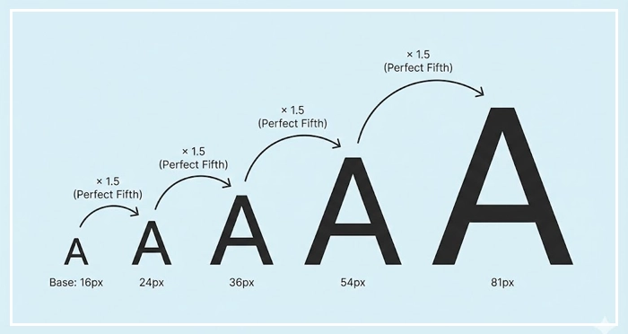 modular scale in typography Visual representation of a modular scale in typography, showing Harmonious font size progression based on a mathematical ratio