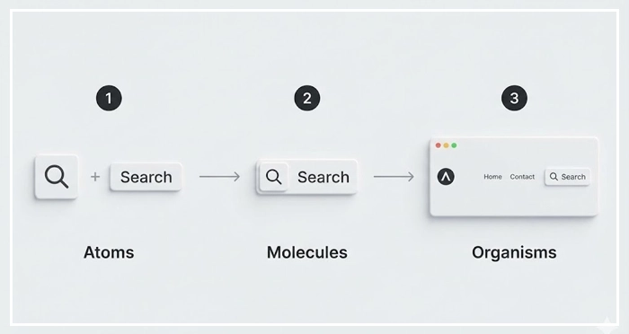 progressing from atoms to molecules to organisms A step-by-step diagram visualizing the Atomic Design methodology, a popular framework for building scalable design systems, progressing from atoms to molecules to organisms.