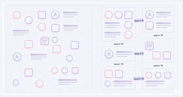 proximity principle is enforced in a design system An abstract illustration showing how the proximity principle is enforced in a design system using specific spacing tokens like space-8 and space-16 to group related UI elements.