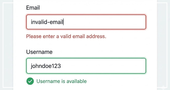 real-time form validation with an inline error message for an invalid email A UI screenshot demonstrating real-time form validation with an inline error message for an invalid email and a positive success checkmark for a valid username.