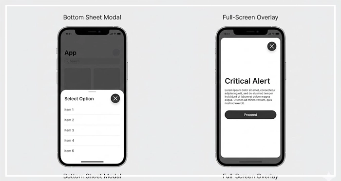 responsive modal patterns a bottom sheet and a full-screen overlay Two mobile phone screens showing responsive modal patterns: a bottom sheet and a full-screen overlay, adapting the modals vs popups concept for small screens.