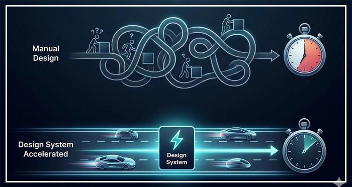 slow, manual design process vs accelerated workflow enabled by a design system A visual comparison contrasting a slow, manual design process with a fast, accelerated workflow enabled by a design system, as indicated by a stopwatch.