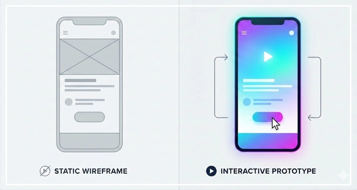 static wireframe versus a dynamic Split-screen comparison showing a flat static wireframe versus a dynamic, interactive prototype with a clickable button.