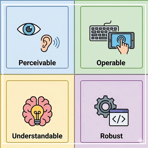 the core principles A four-panel infographic illustrating the WCAG POUR principles: Perceivable (eye/ear), Operable (keyboard/touch), Understandable (brain/lightbulb), and Robust (gear/code).