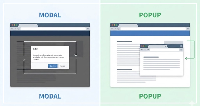 visual difference between a blocking modal with a scrim and an independent popup window A split-screen diagram illustrating the visual difference between a blocking modal with a scrim and an independent popup window, clarifying the modals vs popups distinction in UI design.