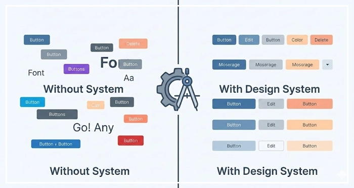 visual inconsistency of a product without a design system A before-and-after comparison showing the visual inconsistency of a product without a design system versus the clean, uniform UI achieved with a design system.